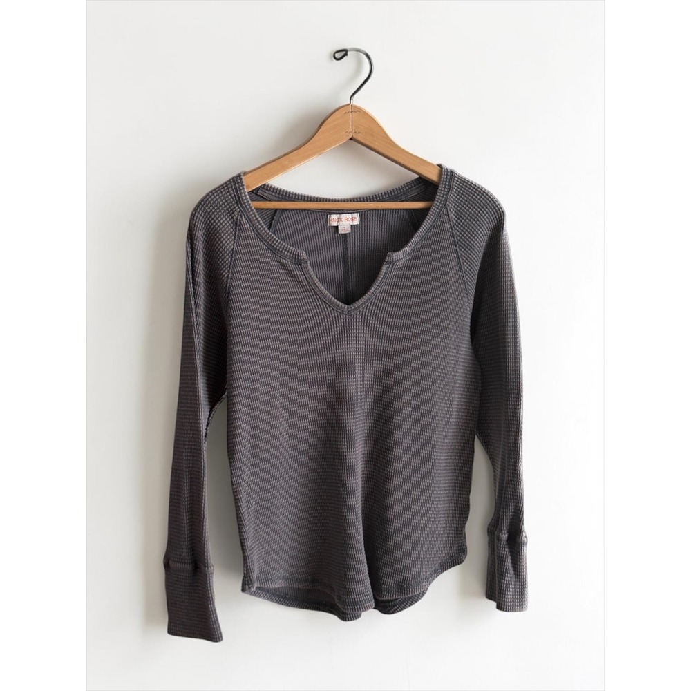 Knox Rose Womens Gray‎ Waffle Knit Thermal Top Notch V-Neck Long Sleeve Large